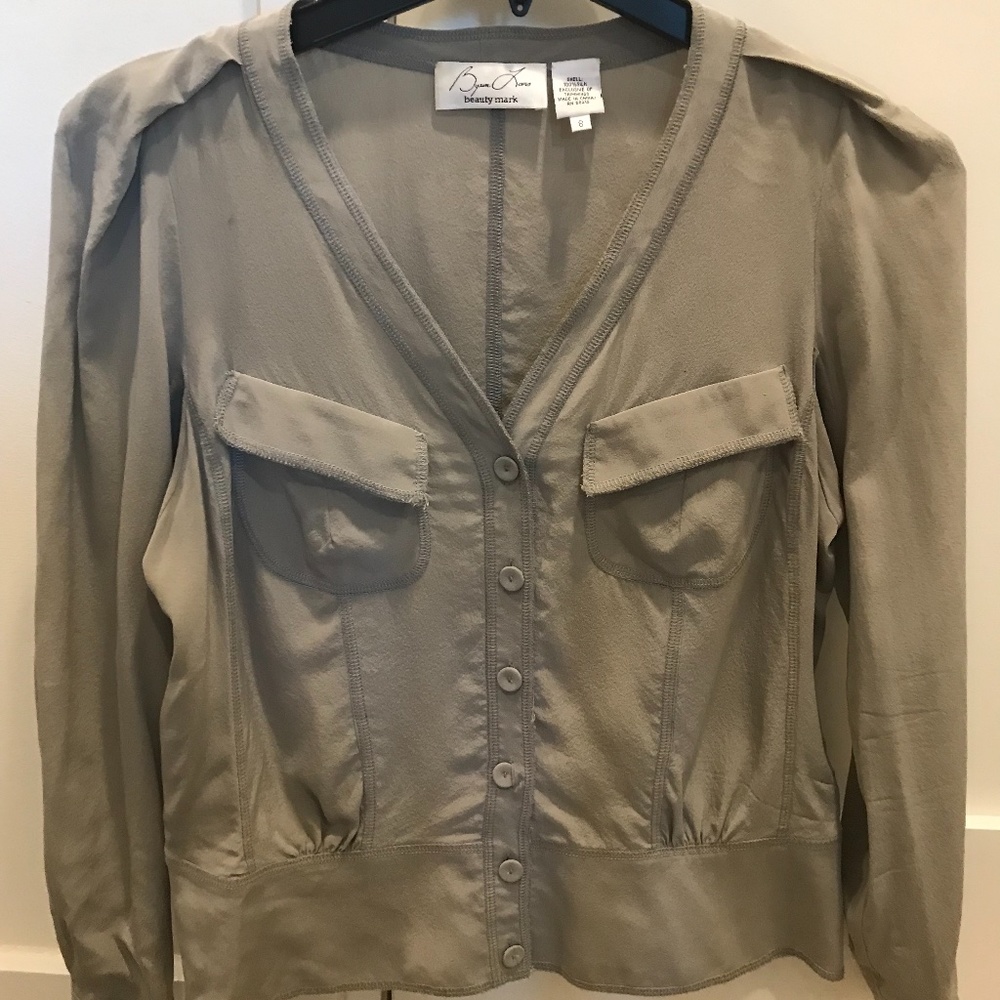 Byron Lars Beauty Mark Grey 100% Silk Blouse  Size 8